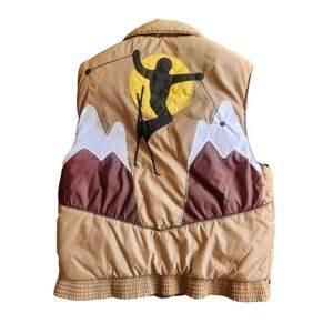 Vtg 70s St Moritz Down Puffer Vest Brown Skier Mountain Graffics Size Mens Small